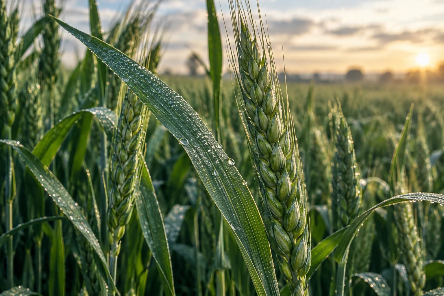 Healthy wheat leaves and grain heads covered with fresh morning dew