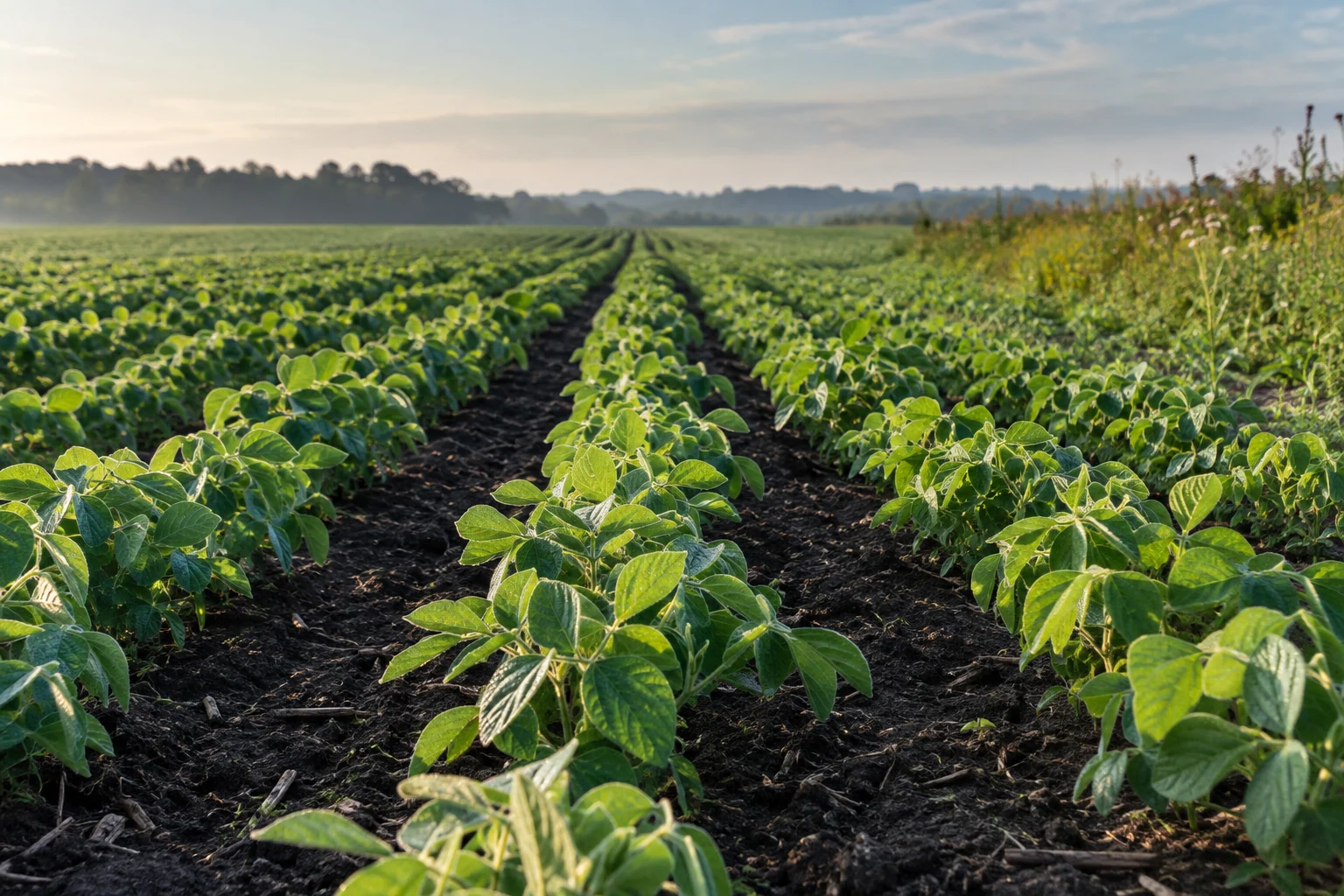 Healthy soybean plants growing in clean precisely managed field rows